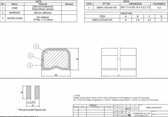 SN Plating EMI Foam Gasket 14.5mm Konduktif Datar Bergelombang
